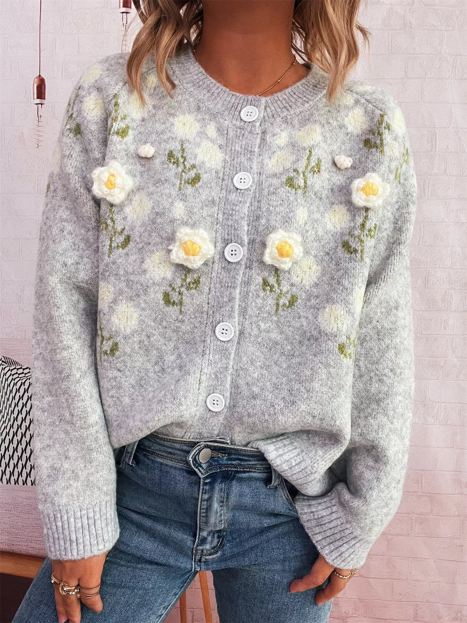 Flower Button Up Long Sleeve Cardigan-Cardigan-Trendsi-[option4]-[option5]-[option6]-[option7]-[option8]-Shop-Boutique-Clothing-for-Women-Online