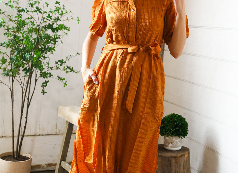 Elegant You Rust Textured Short Sleeve Tie Belt Dress-And The Why-[option4]-[option5]-[option6]-[option7]-[option8]-Shop-Boutique-Clothing-for-Women-Online