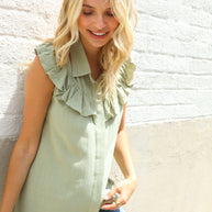 Feeling Femme' Olive Linen Ruffle Collar Botton Down Top-First Love-[option4]-[option5]-[option6]-[option7]-[option8]-Shop-Boutique-Clothing-for-Women-Online