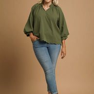 Textured Notched Balloon Sleeve Blouse-Blouses-Trendsi-[option4]-[option5]-[option6]-[option7]-[option8]-Shop-Boutique-Clothing-for-Women-Online