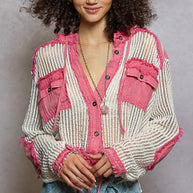POL Texture Woven Button Down Hooded Shirt with Drawstring Hem-Shirts-Trendsi-PINK MULTI-S-[option4]-[option5]-[option6]-[option7]-[option8]-Shop-Boutique-Clothing-for-Women-Online