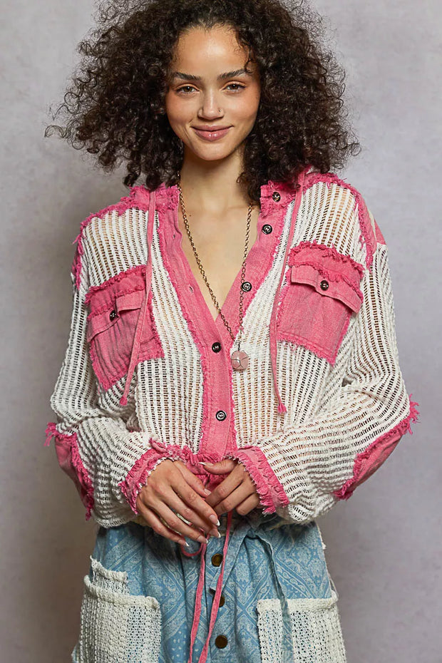 POL Texture Woven Button Down Hooded Shirt with Drawstring Hem-Shirts-Trendsi-PINK MULTI-S-[option4]-[option5]-[option6]-[option7]-[option8]-Shop-Boutique-Clothing-for-Women-Online