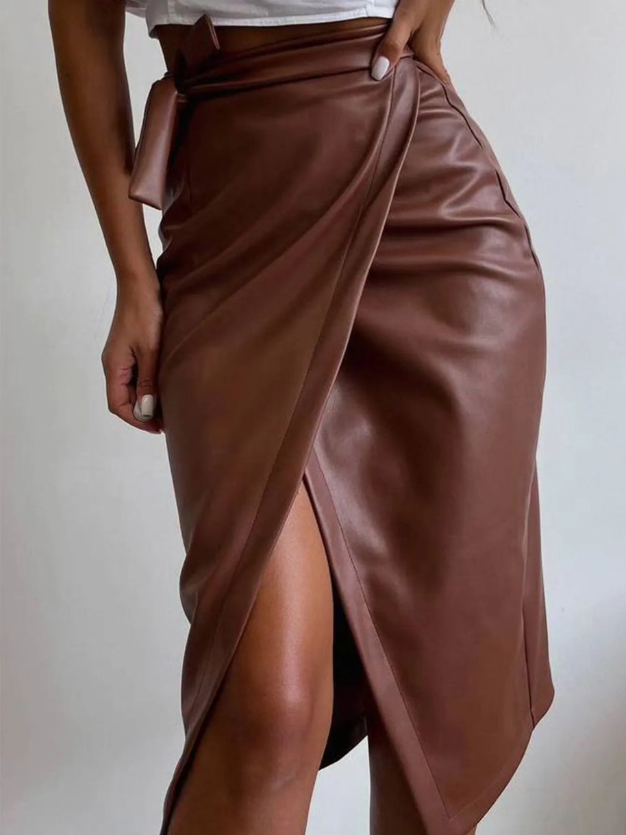 Slit Leather Midi Skirt-Skirts-Trendsi-Coffee Brown-S-[option4]-[option5]-[option6]-[option7]-[option8]-Shop-Boutique-Clothing-for-Women-Online