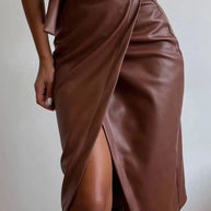Slit Leather Midi Skirt-Skirts-Trendsi-Coffee Brown-S-[option4]-[option5]-[option6]-[option7]-[option8]-Shop-Boutique-Clothing-for-Women-Online