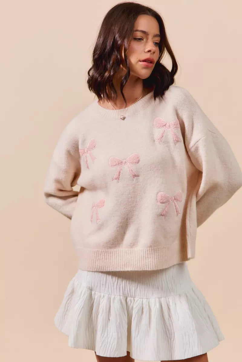 SO ME Embroidered Ribbon Round Neck Sweater-Sweaters-Trendsi-BLUSH-S-[option4]-[option5]-[option6]-[option7]-[option8]-Shop-Boutique-Clothing-for-Women-Online