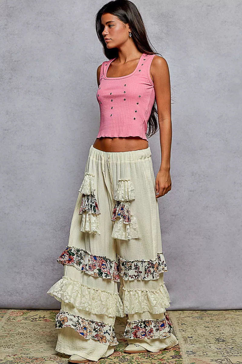 POL Drawstring Double Gauze Wide Leg Pants with Print and Lace Ruffle-pants-Trendsi-[option4]-[option5]-[option6]-[option7]-[option8]-Shop-Boutique-Clothing-for-Women-Online