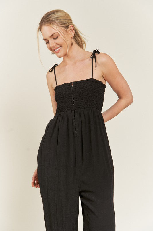 SMOCKED TIE STRAP JUMPSUIT-Jade By Jane-[option4]-[option5]-[option6]-[option7]-[option8]-Shop-Boutique-Clothing-for-Women-Online