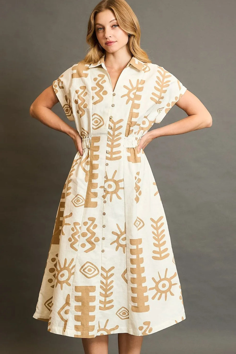 Umgee Full Size Abstract Print Elastic Waist Midi Dress Plus Size-Dresses-Trendsi-Tan-S-[option4]-[option5]-[option6]-[option7]-[option8]-Shop-Boutique-Clothing-for-Women-Online