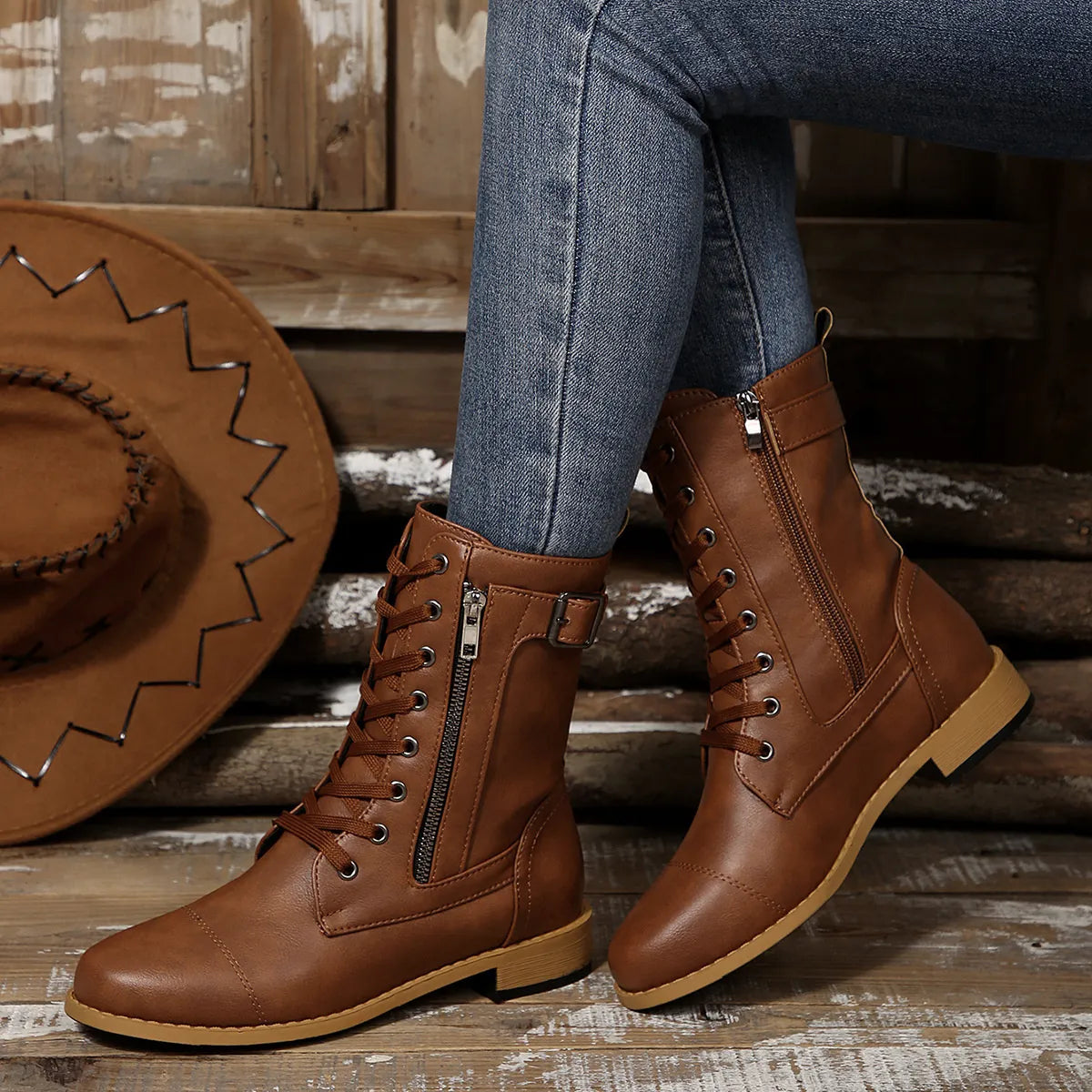 Round Toe Lace Up Block Heels Boots-110 Fashion Boots-Trendsi-[option4]-[option5]-[option6]-[option7]-[option8]-Shop-Boutique-Clothing-for-Women-Online