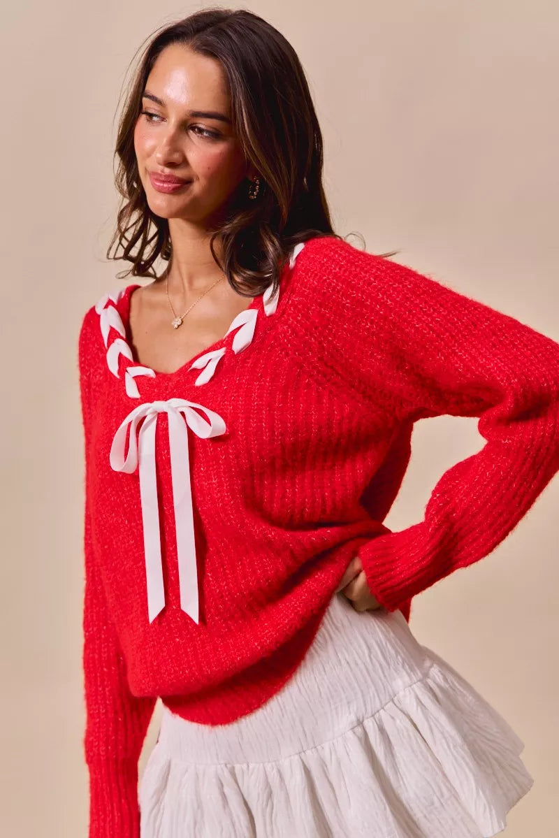 SO ME Satin Tape Braided Ribbon Tie V Neck Sweater-Sweaters-Trendsi-[option4]-[option5]-[option6]-[option7]-[option8]-Shop-Boutique-Clothing-for-Women-Online