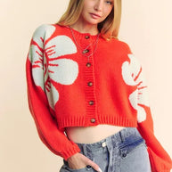 Davi & Dani Flower Contrast Round Neck Long Sleeve Cardigan-cardigan-Trendsi-Orange-S-[option4]-[option5]-[option6]-[option7]-[option8]-Shop-Boutique-Clothing-for-Women-Online