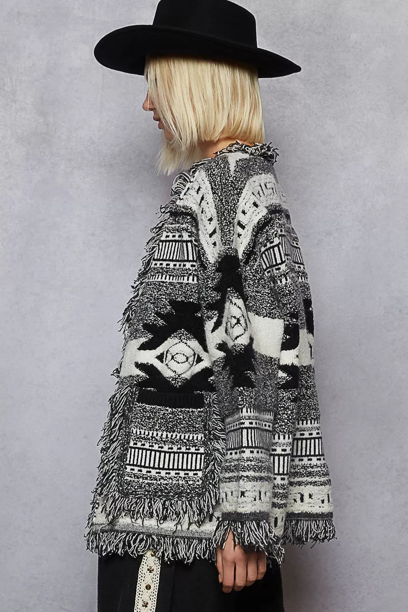 POL Open Front Geometric Print Cardigan with Fringe Detail-Cardigan-Trendsi-[option4]-[option5]-[option6]-[option7]-[option8]-Shop-Boutique-Clothing-for-Women-Online