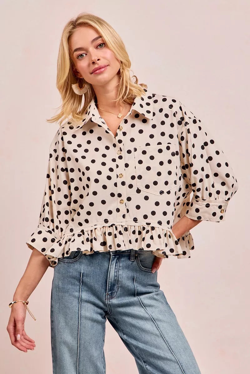 BiBi Polka Dot Printed Peplum Top with Front Button-Blouses-Trendsi-OFF WHITE/BLACK-S-[option4]-[option5]-[option6]-[option7]-[option8]-Shop-Boutique-Clothing-for-Women-Online