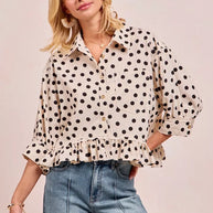 BiBi Polka Dot Printed Peplum Top with Front Button-Blouses-Trendsi-OFF WHITE/BLACK-S-[option4]-[option5]-[option6]-[option7]-[option8]-Shop-Boutique-Clothing-for-Women-Online