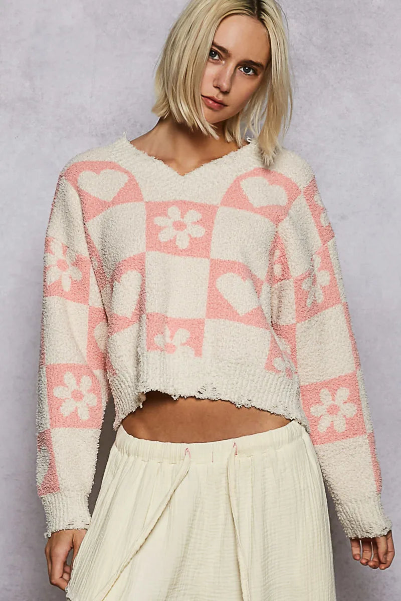 POL V-Neck Heart Pattern Checkered Sweater-Sweaters-Trendsi-CREAM/PINK-S-[option4]-[option5]-[option6]-[option7]-[option8]-Shop-Boutique-Clothing-for-Women-Online