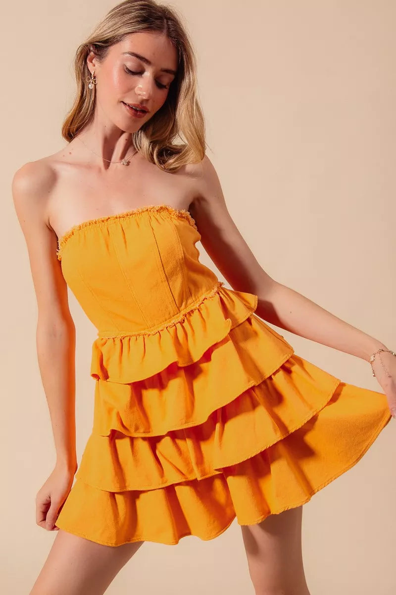 SO ME Strapless Ruffle Layered Game Day Cheer Up Dress-Dresses-Trendsi-GOLD-S-[option4]-[option5]-[option6]-[option7]-[option8]-Shop-Boutique-Clothing-for-Women-Online