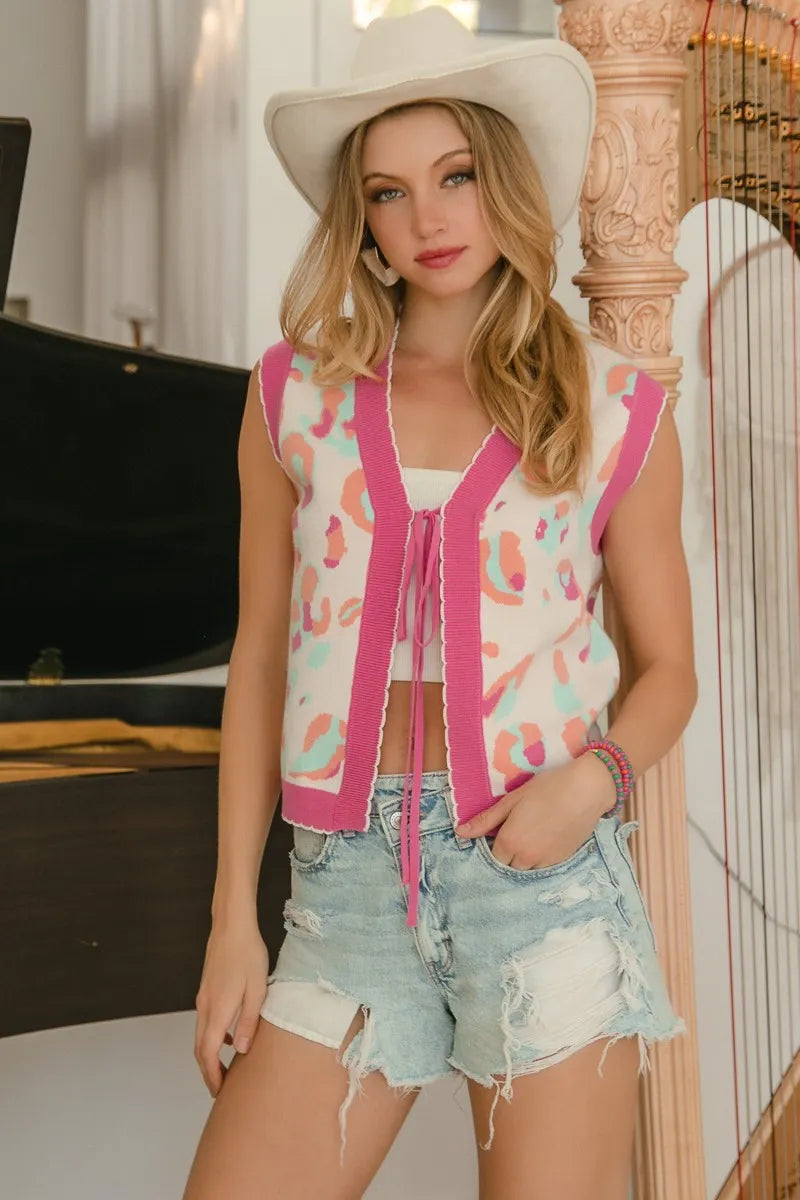 BiBi Leopard Sweater Vest With Front Tie and Scallop Detail-Trendsi-[option4]-[option5]-[option6]-[option7]-[option8]-Shop-Boutique-Clothing-for-Women-Online