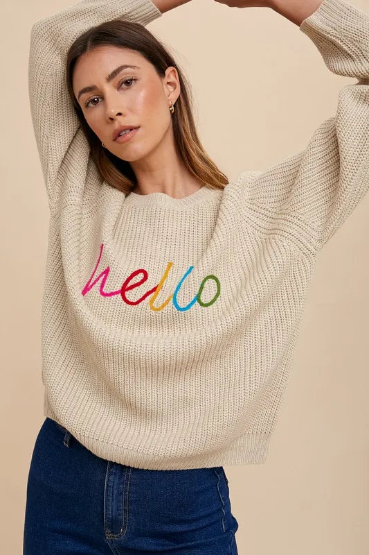 Annie Wear HELLO Embroidered Raglan Sleeve Sweater-Sweaters-Trendsi-Oatmeal-S-[option4]-[option5]-[option6]-[option7]-[option8]-Shop-Boutique-Clothing-for-Women-Online