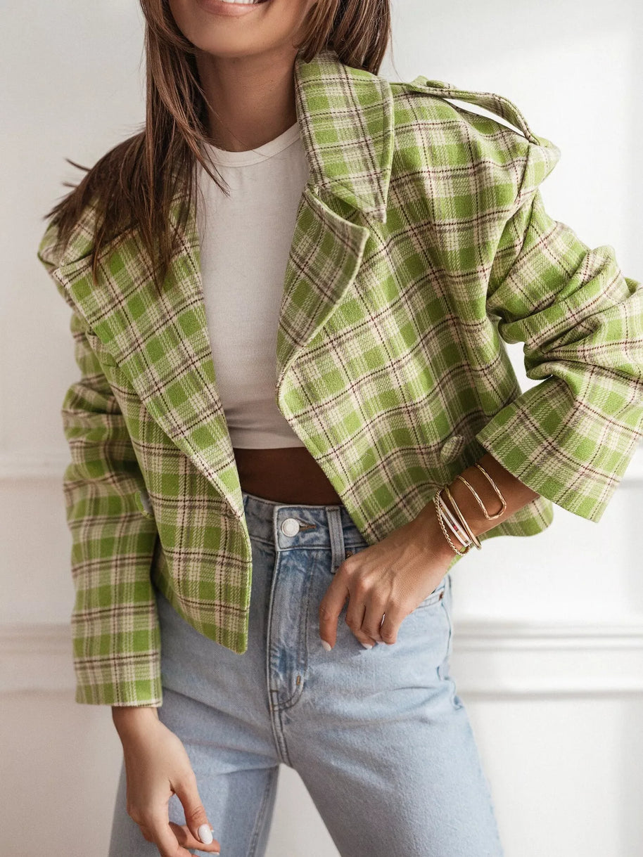Plaid Lapel Collar Cropped Outerwear-jacket-Trendsi-Green Plaid-S-[option4]-[option5]-[option6]-[option7]-[option8]-Shop-Boutique-Clothing-for-Women-Online
