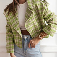 Plaid Lapel Collar Cropped Outerwear-jacket-Trendsi-Green Plaid-S-[option4]-[option5]-[option6]-[option7]-[option8]-Shop-Boutique-Clothing-for-Women-Online