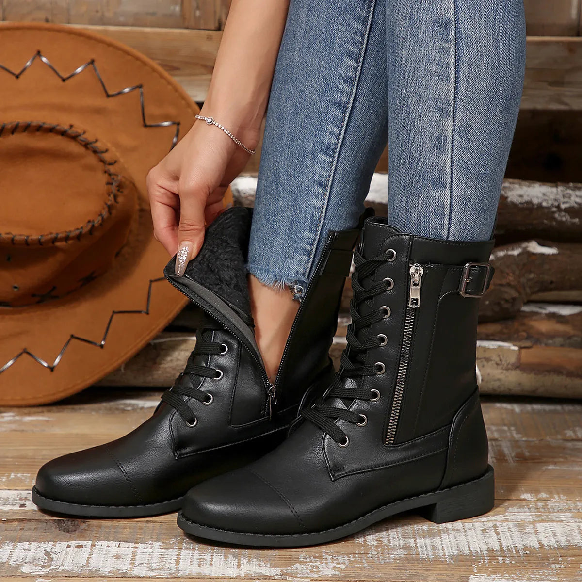 Round Toe Lace Up Block Heels Boots-110 Fashion Boots-Trendsi-Black-36-[option4]-[option5]-[option6]-[option7]-[option8]-Shop-Boutique-Clothing-for-Women-Online