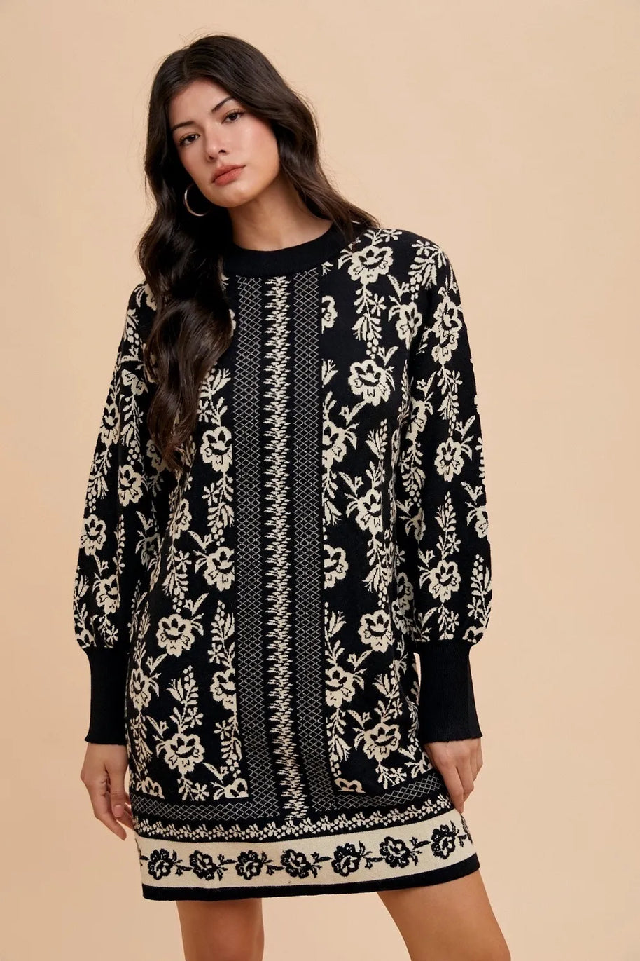 Annie Wear Floral Jacquard Round Neck Sweater Dress-Dresses-Trendsi-Black/Oatmeal-S-[option4]-[option5]-[option6]-[option7]-[option8]-Shop-Boutique-Clothing-for-Women-Online