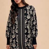 Annie Wear Floral Jacquard Round Neck Sweater Dress-Dresses-Trendsi-Black/Oatmeal-S-[option4]-[option5]-[option6]-[option7]-[option8]-Shop-Boutique-Clothing-for-Women-Online