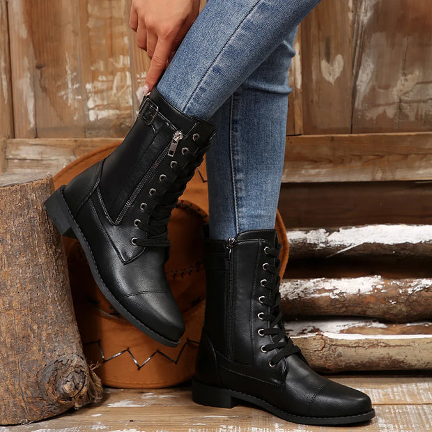 Round Toe Lace Up Block Heels Boots-110 Fashion Boots-Trendsi-[option4]-[option5]-[option6]-[option7]-[option8]-Shop-Boutique-Clothing-for-Women-Online