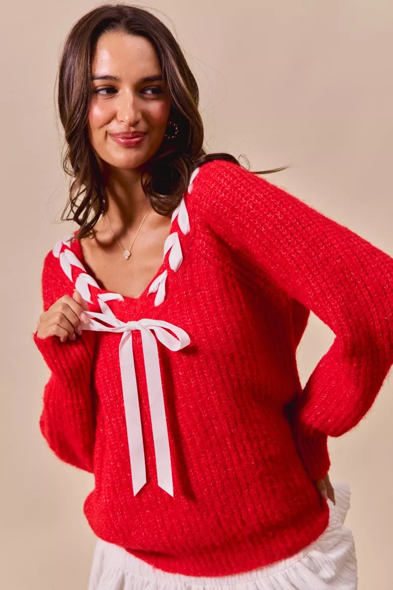 SO ME Satin Tape Braided Ribbon Tie V Neck Sweater-Sweaters-Trendsi-[option4]-[option5]-[option6]-[option7]-[option8]-Shop-Boutique-Clothing-for-Women-Online