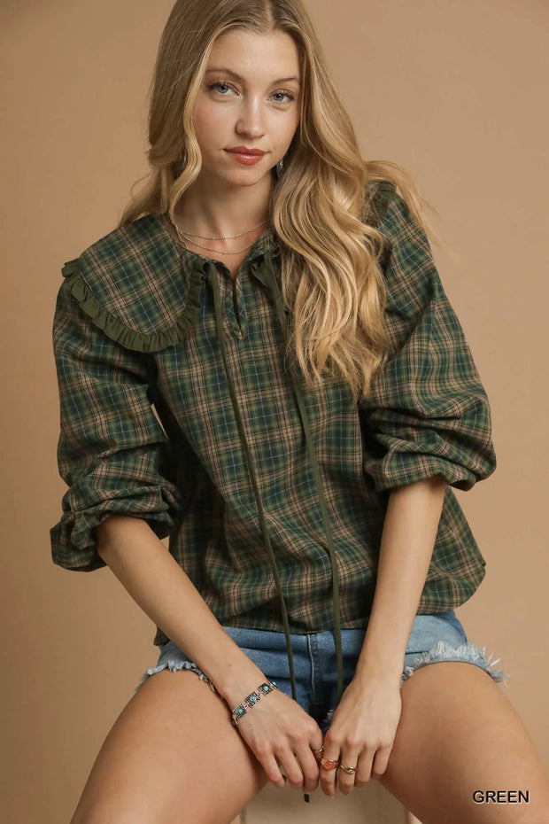 Umgee Full Size Plaid Ruffle Collar Blouse-Blouses-Trendsi-Green-S-[option4]-[option5]-[option6]-[option7]-[option8]-Shop-Boutique-Clothing-for-Women-Online