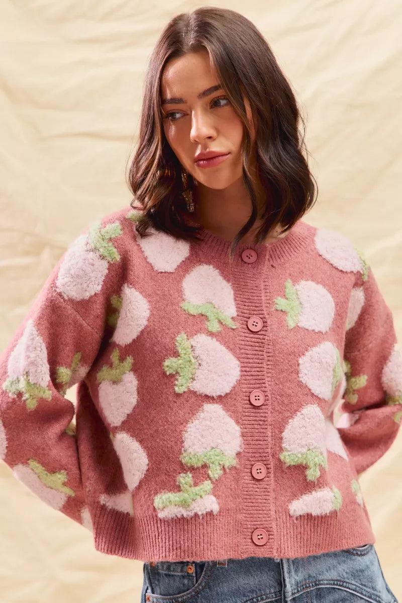 SO ME Strawberry Fruit All Over Button Sweater Cardigan-Cardigan-Trendsi-[option4]-[option5]-[option6]-[option7]-[option8]-Shop-Boutique-Clothing-for-Women-Online