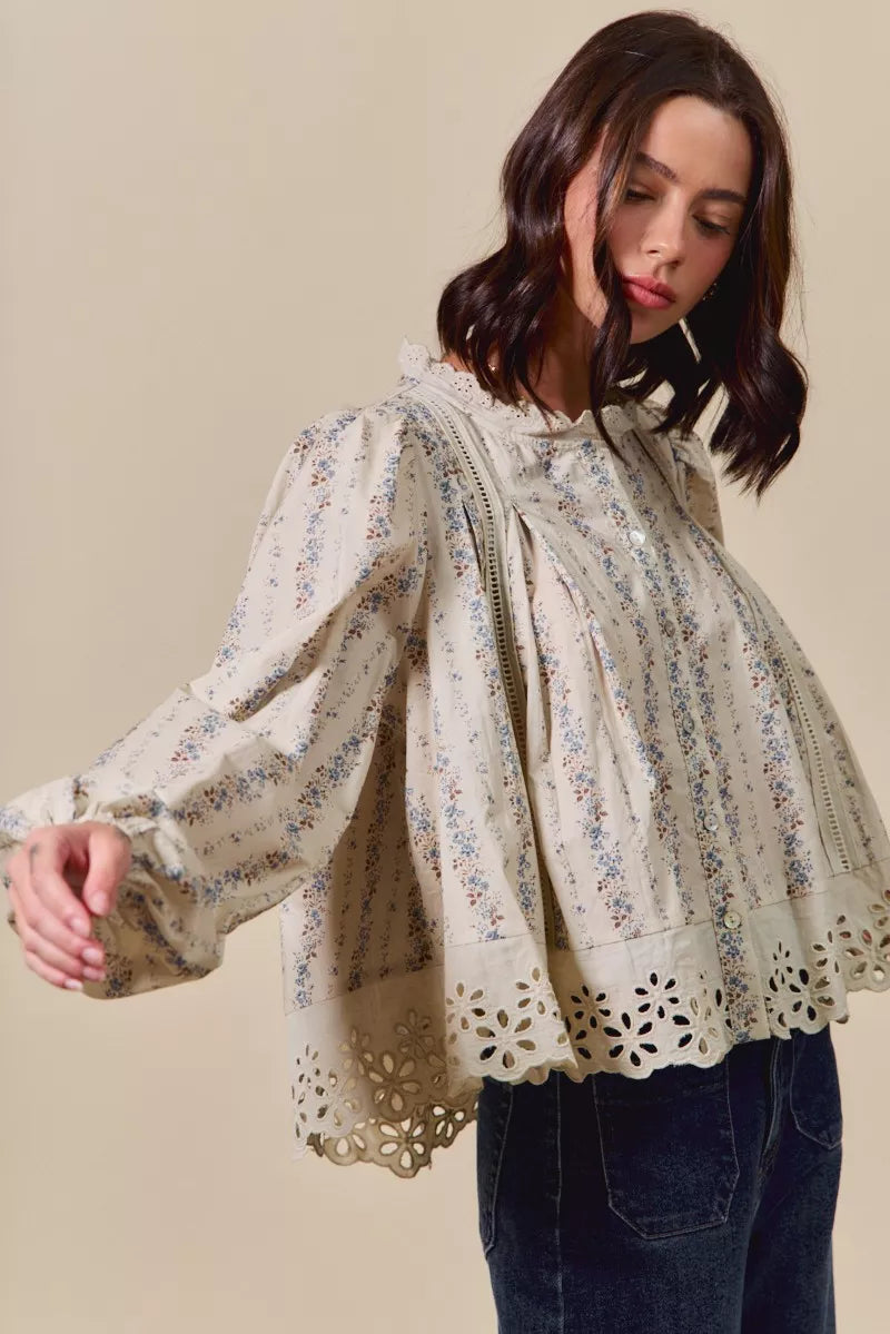 SO ME Floral Print Lace Button Down Shirt-Blouses-Trendsi-[option4]-[option5]-[option6]-[option7]-[option8]-Shop-Boutique-Clothing-for-Women-Online