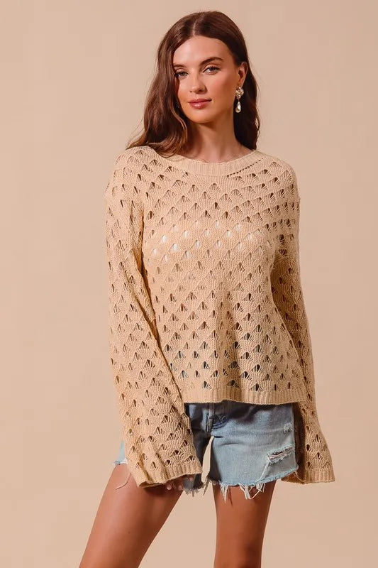 SO ME Geometric Pattern Open Knit Lightweight Sweater-Sweaters-Trendsi-NATURAL-S-[option4]-[option5]-[option6]-[option7]-[option8]-Shop-Boutique-Clothing-for-Women-Online