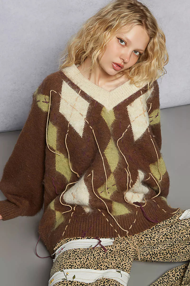 POL V-Neck Argyle Pattern Mohair Sweater with Contrast Exposed Stitch Detail-sweater-Trendsi-[option4]-[option5]-[option6]-[option7]-[option8]-Shop-Boutique-Clothing-for-Women-Online