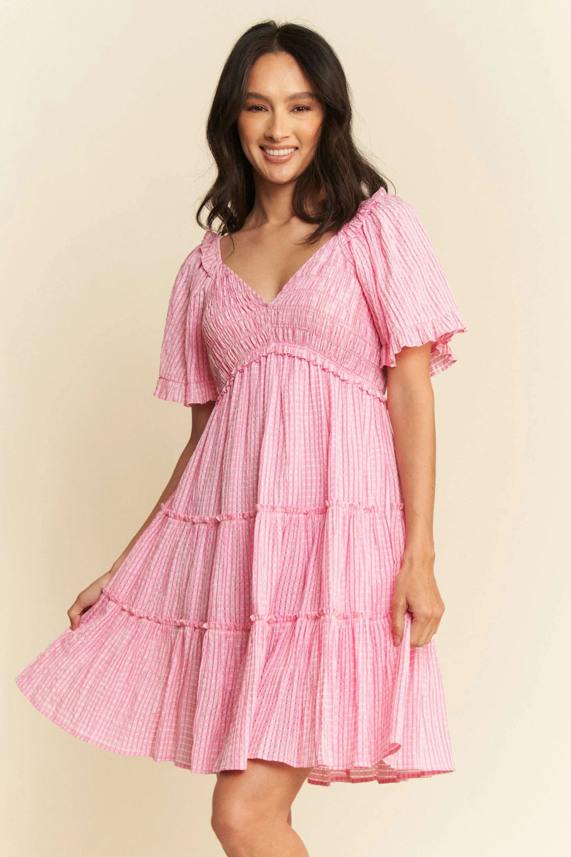 Davi & Dani Jacquard Checker Smocking Tiered Dress-Dresses-Trendsi-[option4]-[option5]-[option6]-[option7]-[option8]-Shop-Boutique-Clothing-for-Women-Online