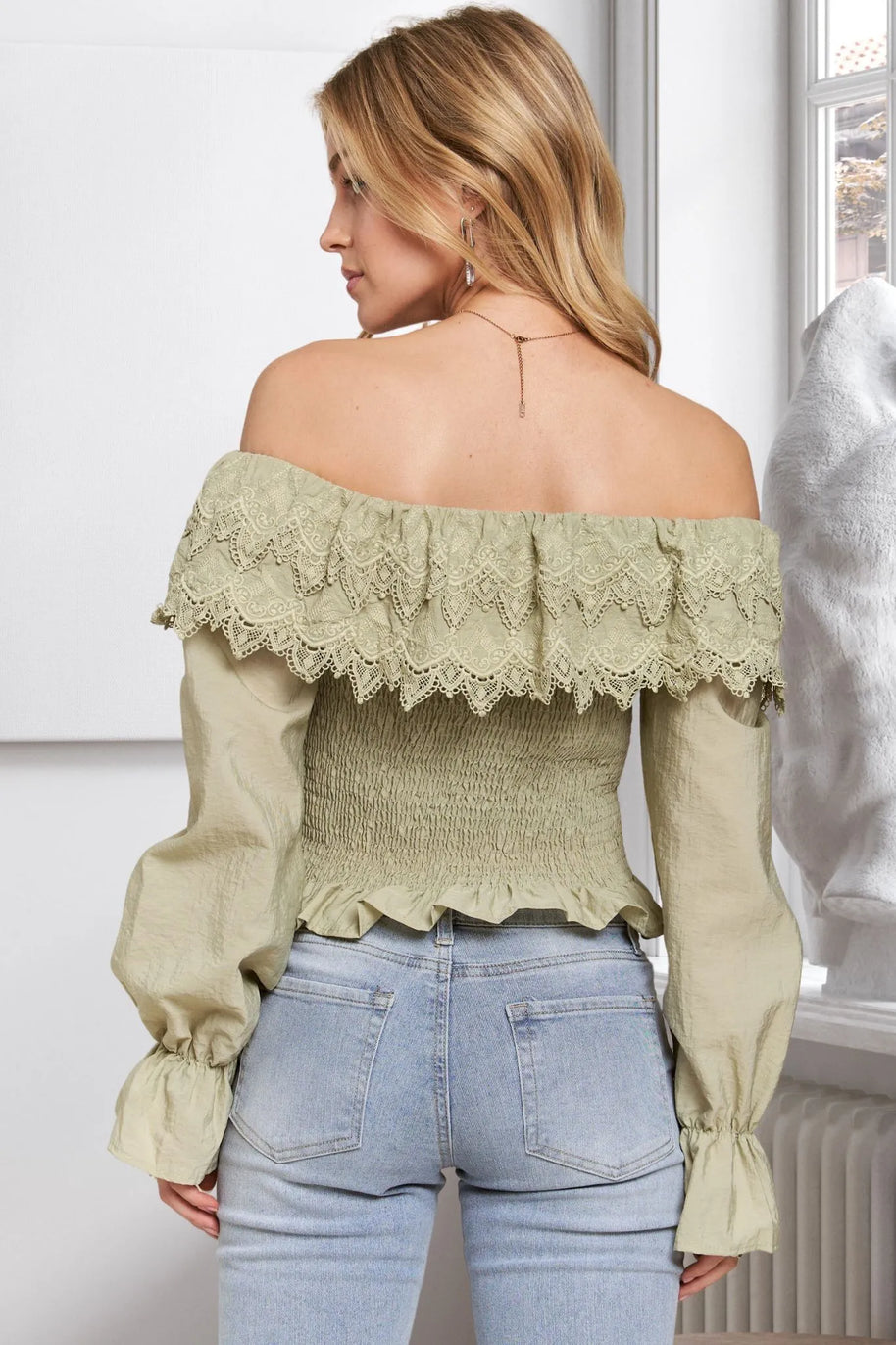 ADORA Smocking Blouse with Eyelet Lace Ruffle-Blouses-Trendsi-[option4]-[option5]-[option6]-[option7]-[option8]-Shop-Boutique-Clothing-for-Women-Online