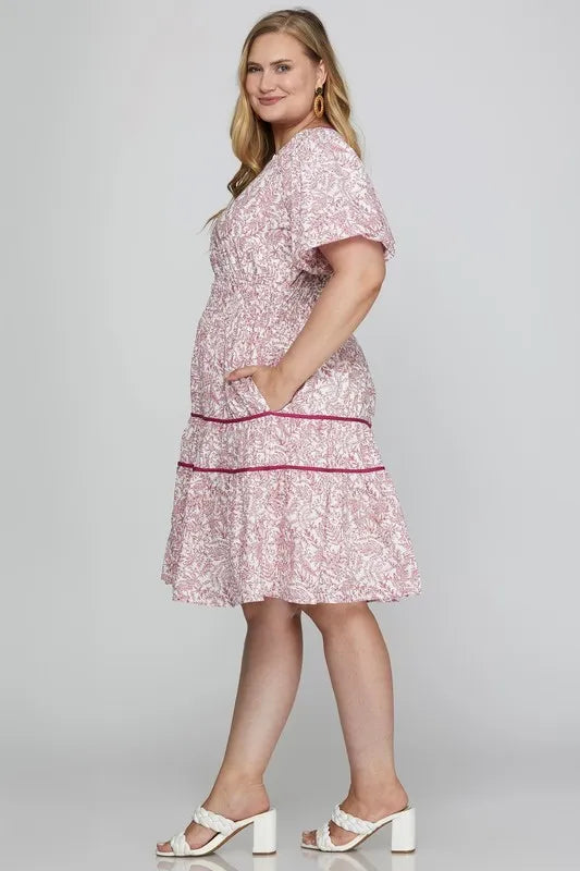 She + Sky Full Size Printed V-Neck Puff Sleeve Tiered Dress-Dresses-Trendsi-[option4]-[option5]-[option6]-[option7]-[option8]-Shop-Boutique-Clothing-for-Women-Online