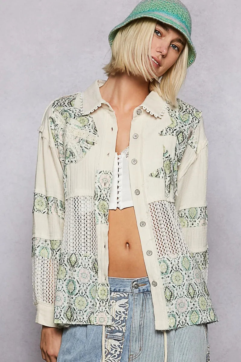 POL Printed Crochet Patchwork Button-Up Shirt-Blouses-Trendsi-Gum Leaf-S-[option4]-[option5]-[option6]-[option7]-[option8]-Shop-Boutique-Clothing-for-Women-Online