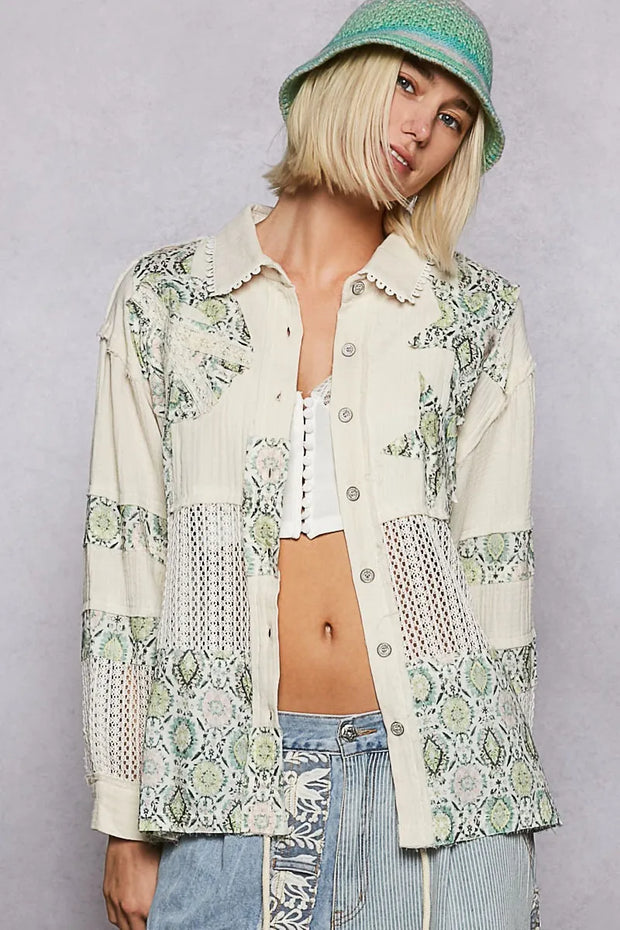 POL Printed Crochet Patchwork Button-Up Shirt-Blouses-Trendsi-Gum Leaf-S-[option4]-[option5]-[option6]-[option7]-[option8]-Shop-Boutique-Clothing-for-Women-Online