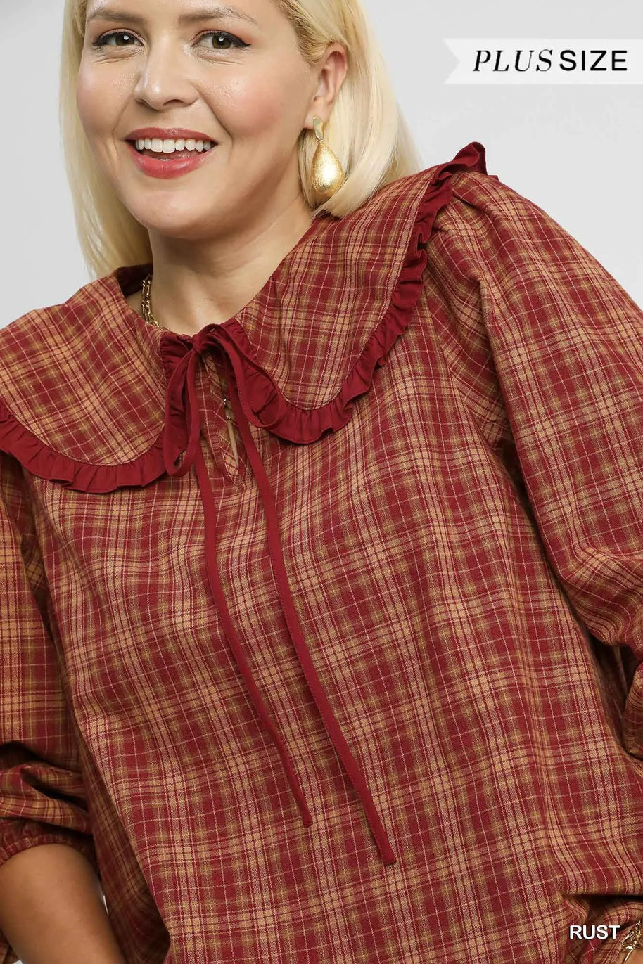 Umgee Full Size Plaid Ruffle Collar Blouse-Blouses-Trendsi-[option4]-[option5]-[option6]-[option7]-[option8]-Shop-Boutique-Clothing-for-Women-Online