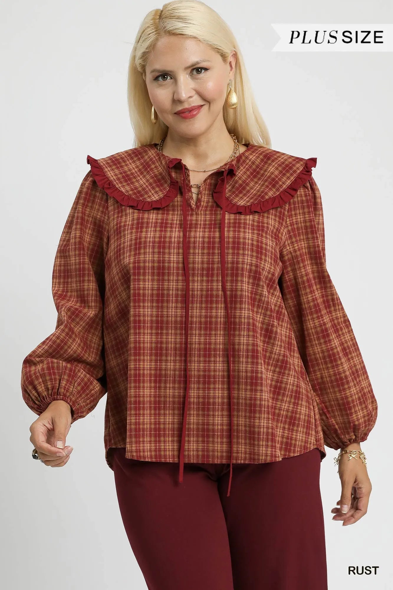 Umgee Full Size Plaid Ruffle Collar Blouse-Blouses-Trendsi-[option4]-[option5]-[option6]-[option7]-[option8]-Shop-Boutique-Clothing-for-Women-Online