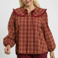Umgee Full Size Plaid Ruffle Collar Blouse-Blouses-Trendsi-[option4]-[option5]-[option6]-[option7]-[option8]-Shop-Boutique-Clothing-for-Women-Online