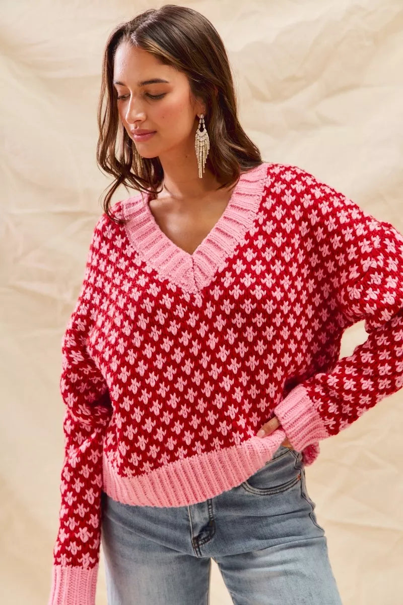 SO ME Color Block Textured Christmas Sweater V Neck Top-Sweaters-Trendsi-[option4]-[option5]-[option6]-[option7]-[option8]-Shop-Boutique-Clothing-for-Women-Online