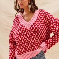 SO ME Color Block Textured Christmas Sweater V Neck Top-Sweaters-Trendsi-[option4]-[option5]-[option6]-[option7]-[option8]-Shop-Boutique-Clothing-for-Women-Online