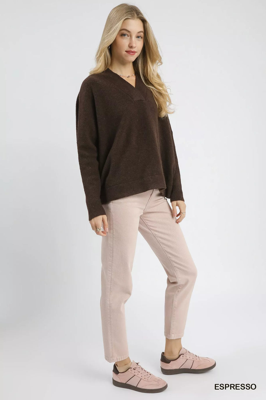 Umgee V-Neck Sweater with Wide Trim Detail-Sweater-Trendsi-[option4]-[option5]-[option6]-[option7]-[option8]-Shop-Boutique-Clothing-for-Women-Online
