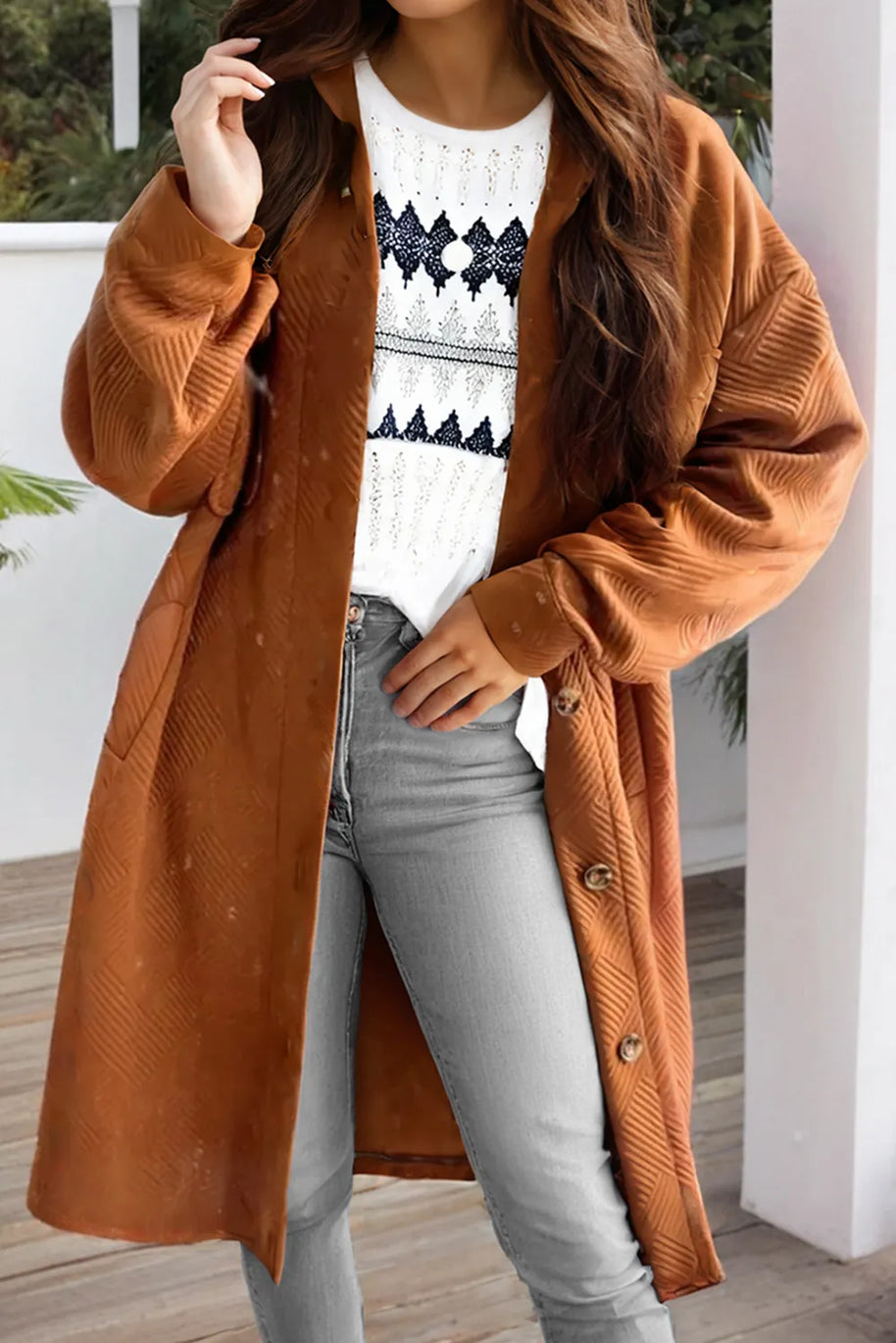 Textured Button Down Collared Neck Coat-Coats & Jackets-Trendsi-Caramel-S-[option4]-[option5]-[option6]-[option7]-[option8]-Shop-Boutique-Clothing-for-Women-Online