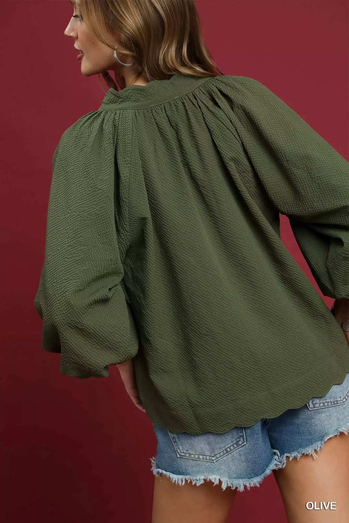 Textured Notched Balloon Sleeve Blouse-Blouses-Trendsi-[option4]-[option5]-[option6]-[option7]-[option8]-Shop-Boutique-Clothing-for-Women-Online