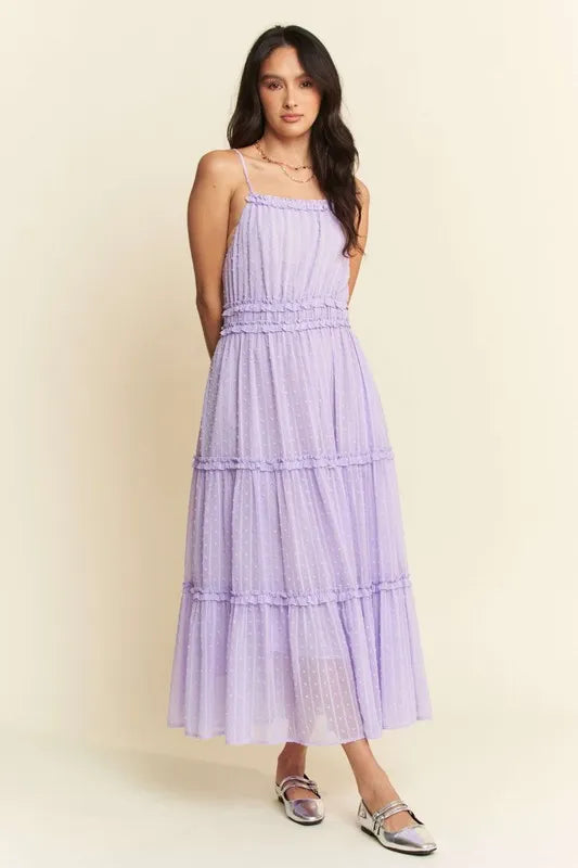 Davi & Dani Texture Swiss Dot Ruffle Square Neck Midi Dress-Dresses-Trendsi-Lavender-S-[option4]-[option5]-[option6]-[option7]-[option8]-Shop-Boutique-Clothing-for-Women-Online