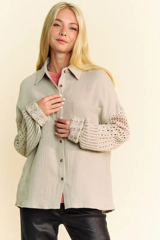Davi & Dani Crochet Sleeve Crinkled Texture Shirt-Blouses-Trendsi-[option4]-[option5]-[option6]-[option7]-[option8]-Shop-Boutique-Clothing-for-Women-Online