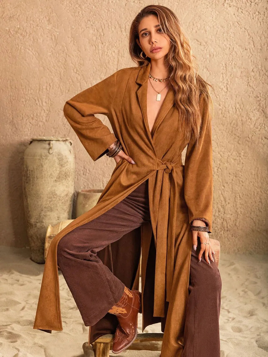 Slit Tied Collared Neck Longline Coat-Coats & Jackets-Trendsi-[option4]-[option5]-[option6]-[option7]-[option8]-Shop-Boutique-Clothing-for-Women-Online